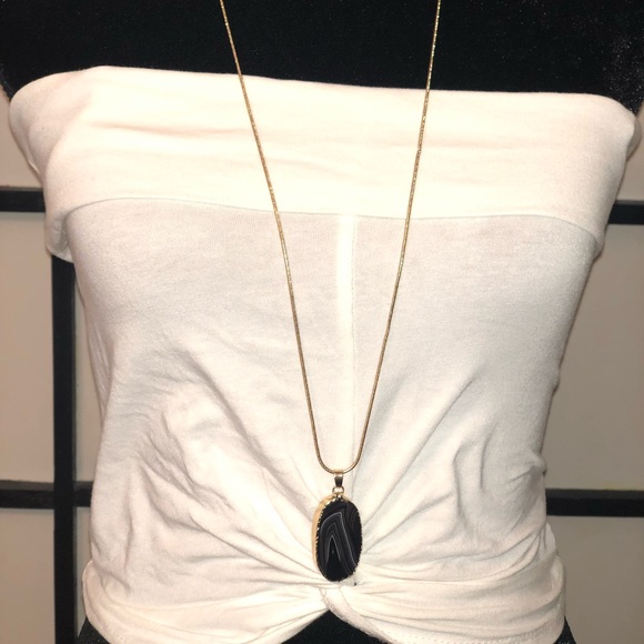 Gold tone long necklace with black Genuine stone - Picture 1 of 3